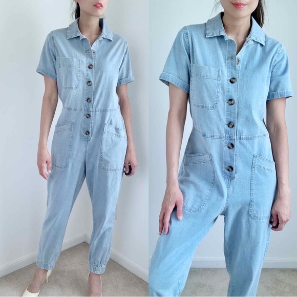 DENIM COLLAR BUTTON DOWN JUMPSUIT - WITH POCKETS AND BUTTON DOWN - Picture 4 of 9